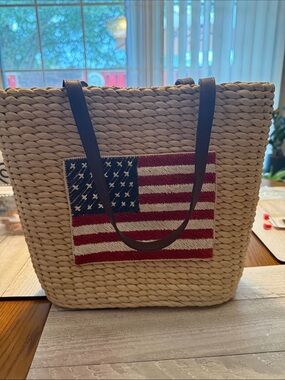 Woven Natural Tote with American Flag Patch and Brown Leather Straps